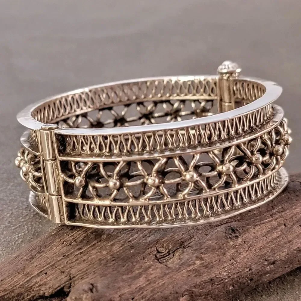 Sterling Vintage Wide Openwork Flower Hinge Bangle Bracelet